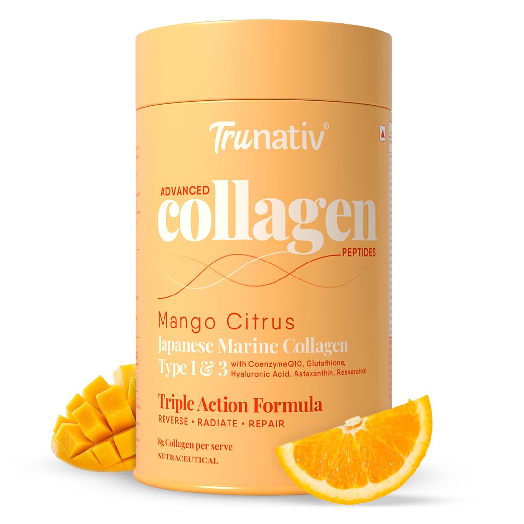 Trunativ Advanced Japanese Marine Collagen Powder |Type 1 and 3 | Supplements for Women and Men with Hyaluronic Acid | Supports Skin Glow, Hair Growth, and Nail Strength | Mango Citrus (200g)