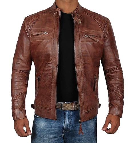Image of Decrum Mens Cafe Racer Leather Jackets - Motorcycle Racing Style Black And Brown Real Lambskin Jacket for Men