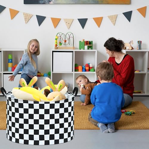 Image of Checkered Storage Basket Extra Large 80L Kids Hamper Baby Laundry Basket Waterproof Toys Car Organizer Collapsible Canvas for Home /Dorm /Pet /Office /Closet /Shelf /Gift Baskets