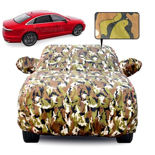 Image of Waterproof Car Body Cover for Audi A8 with Mirror Pocket, Soft Cotton Lining, Triple Stitched, Full Bottom Elastic (Heat Resistant Jungle Print with Red Piping)