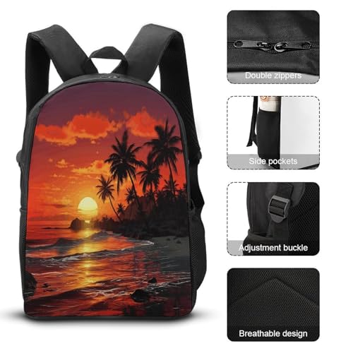 Printed Backpack With Lunch Pack Storage Box Case Tropical Sunset 3pcs Lightweight Travel Backpack3