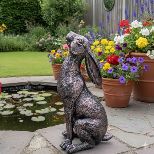 My Square Mile Garden Ornaments Bronze Effect Resin Hares Set Indoor Outdoor Moongazing and Alert Rabbit Sculptures W17 x H36 x D16 cm (Moongazing Hare)