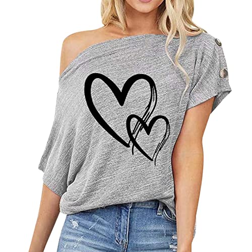 BAOFU8 Femmes D'été Tops Décontractés à Épaules Dénudées Boutonnées Coupe Ample à Manches Courtes T-Shirt Motif Coeur Imprimé Tuniques Haut Chemisier Cover