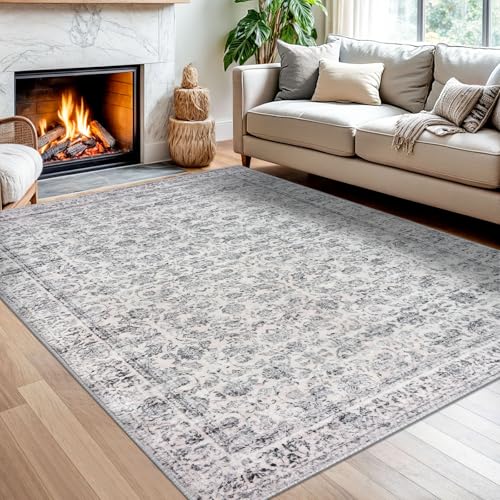 Grey Blue White 5x7 Area Rug for Nursery, Large Vintage Neutral Rug with Non-Slip, Washable Rugs for Living Room, Soft Traditional Floral Carpet for Farmhouse Dining Room Office Home Décor