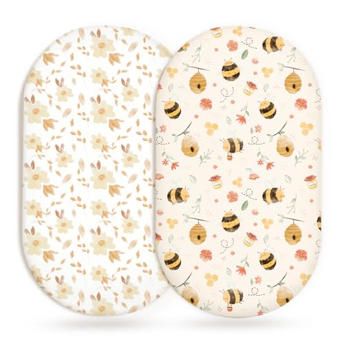 Bassinet Sheets for Baby Girls Boys 2 Pack Fitted Baby Mattress Sheet for Rectangle Oval Hourglass Bassinet Mattress Breathable Cozy & Universal Fit (Honeybee Dreams Bassinet Sheet)