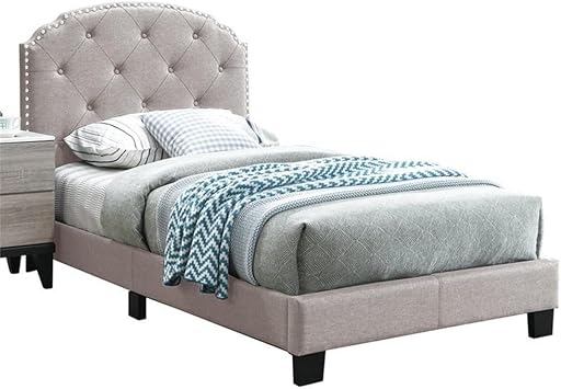 Pemberly Row Twin Bed Frame, Burlap Fabric Upholstered with Slats, Light Brown Finish, Solid and Engineered Wood Construction, Arched Button Tufted Headboard, Nailhead Trim, Elegant Bedroom Furniture