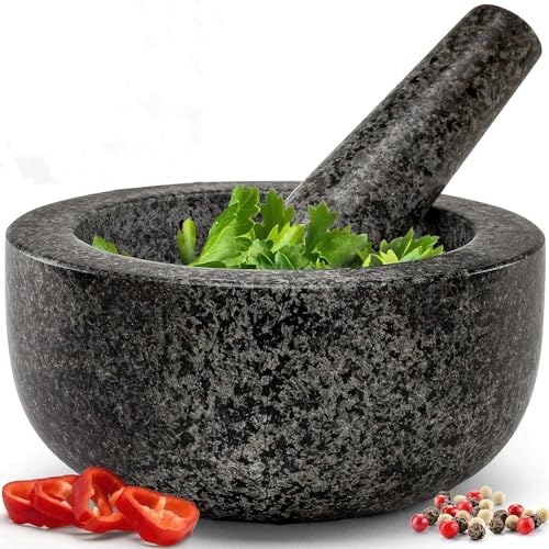 Heavy Duty Large 2 Cup Mortar and Pestle Set 17CM Pestle and 16CM Mortar 100% Granite Make Fresh Guacamole Salsa Pesto Stone Grinder Bowl Herb Crusher Spice Grinder (Black 2 - Cups)