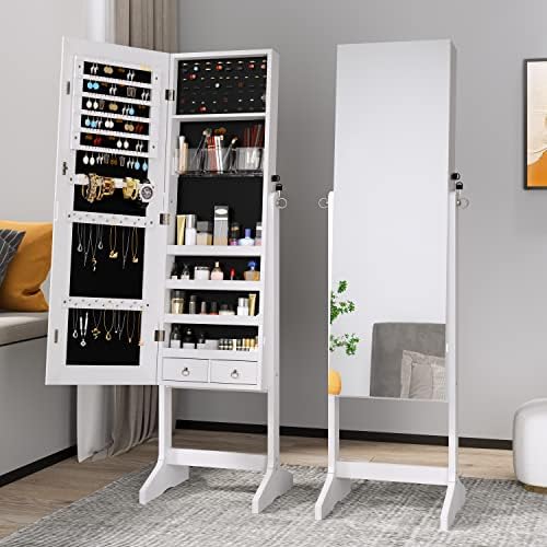 Dprodo Jewelry Cabinet Standing Mirror Lockable Jewelry Armoire with Large Storage, 3 Angles Adjustable (White)