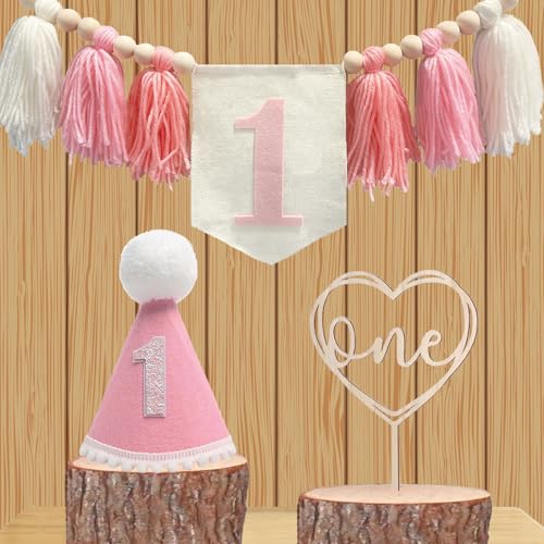 Image of First Birthday Party Decorations Pink Highchair Wood Bead Tassel Garland 1st Birthday Crown Cake Topper