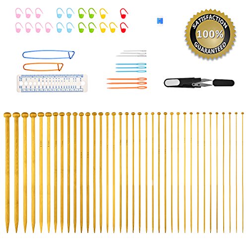 Knitting Needles,BCMRUN 36PCS 25CM(9.84in) Bamboo Knitting Needles 18 Sizes from 2.0mm to 10.0mm with 34PCS Accessories
