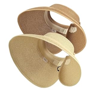 Straw Hat Women Foldable Visor Hats,Sun Visors for Women Wide Brim Straw Ponytail Summer Beach Hat