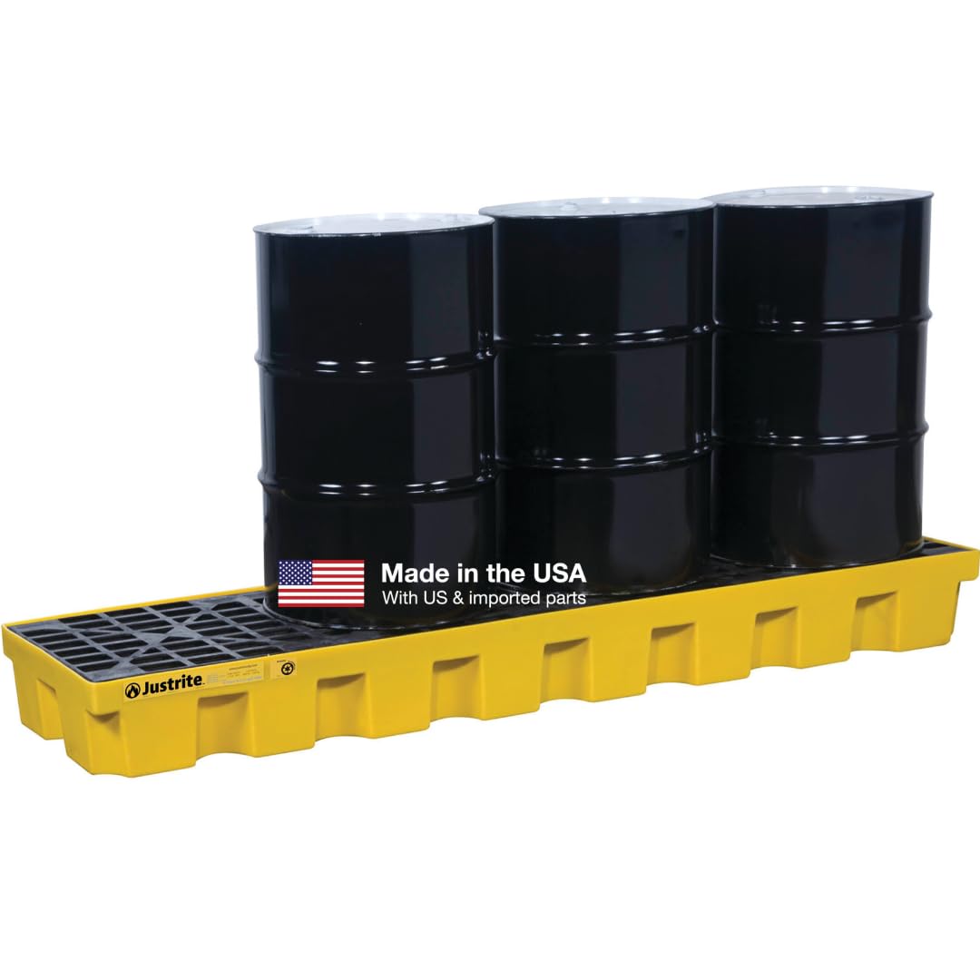 Justrite 4 Drum Spill Containment Pallet - 9" Tall, 75 Gallon Large Capacity Spill Pallet with Drain for 55 Gal Drum Containment - Made in The USA from 30% Recycled Polyethylene - Yellow - 28632