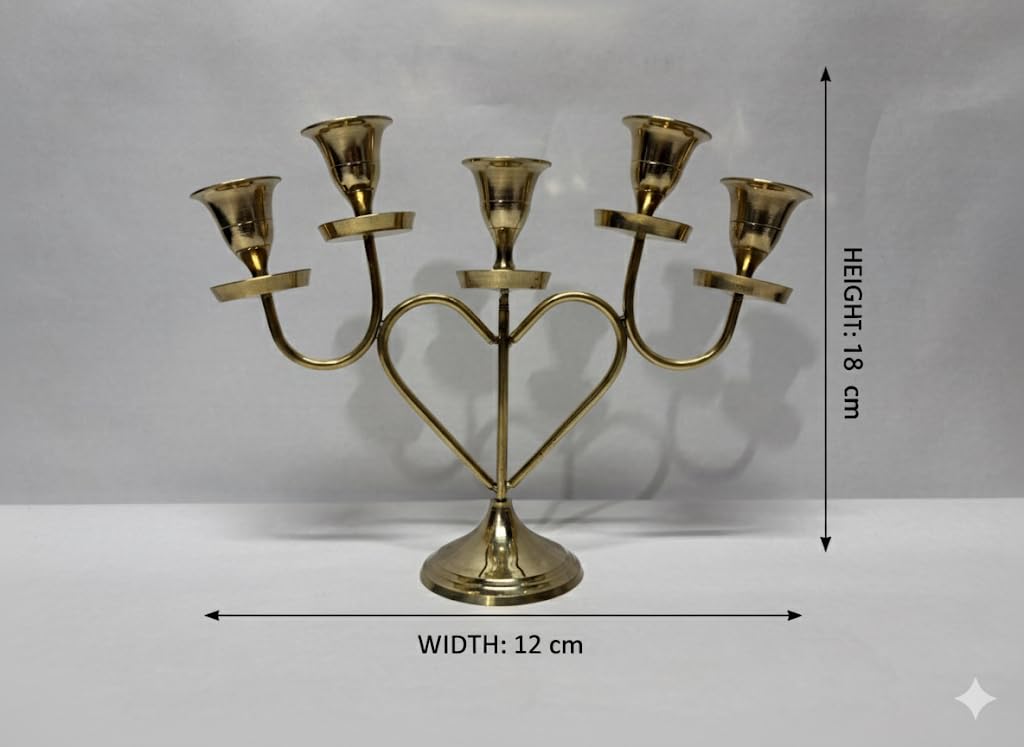 Mojo Jojo Premium Brass 5-Arm Candle Holder | Heart-Shaped Centerpiece | Gold Metal Decorative Candelabra for Home, Pooja Room, Weddings & Festive Decor 2