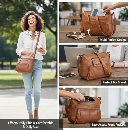 Image of Oak Leathers Women's Crossbody Bag - Genuine Leather Crossover Shoulder Purse With Adjustable Sling Strap - Medium Size