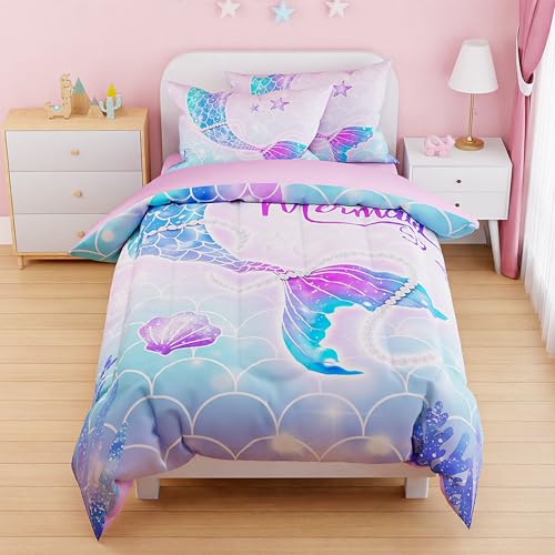 SANDJEST Mermaid Duvet Cover Sets Twin Size for Kids Girls Include 1 Polyester Comforter Cover 68x86 Inches and 1 Pillowcase 20x26 Inches Comforter Not Included Gift for Christmas Birthday