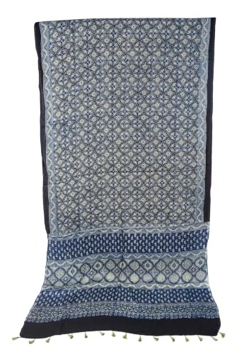 Image of Ethnics of Kutch Womenss Ajrakh Modal Silk Natural Dye Hand Block Print Saree with Blouse Piece - 5.5 Mtr Length (Indigo 09501A)