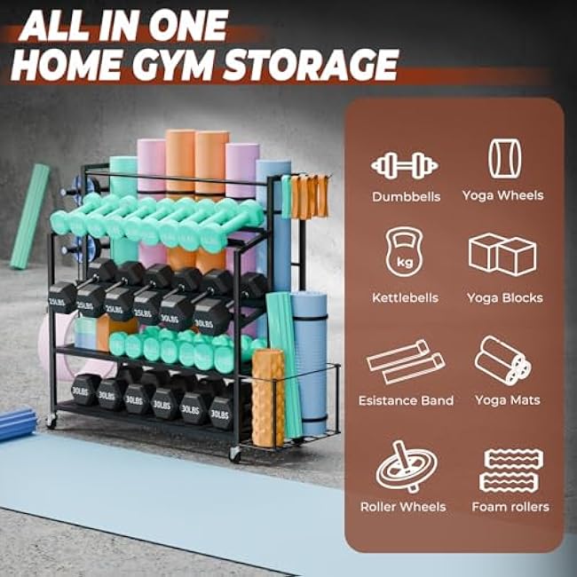 XL Dumbbell Rack Weight Stand - 4-Tier Adjustable Weight Rack for Dumbbells, Home Gym Storage Rack for Yoga Mat Foam Roller Kettlebells, Workout Equipment Storage Organizer With Wheels and Hooks