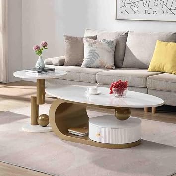 Modern Nesting Coffee Table Set of 2 with Faux Marble Texture Surface, 47.24" Oval Cocktail Table with Storage Drawer, Wooden Center Table and Side Table with Metal Frame for Living Room White