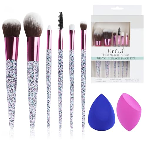 6-Piece Makeup Brush Set with 2 Beauty Sponges & Bling Crystal Handle - Daily Essential Cosmetic Brushes Kit for Professional Foundation, Concealer, Eyeshadow, Powder Blush(Purple)