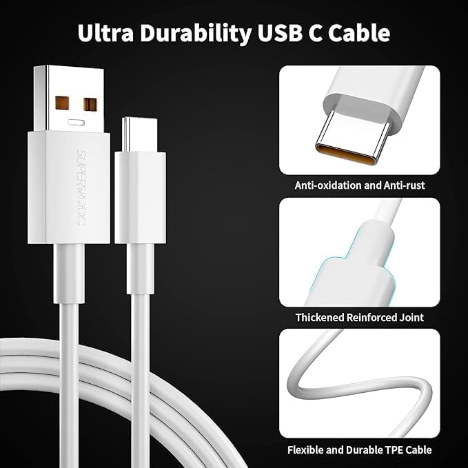 Image of Original Realme 80W Supervooc Fast USB Type C Charging Cable for Realme 12 pro plus /11 pro plus /11 /10 /9 Pro /Narzo 60 Pro /60 /50 Pro /Realme Xt /Realme Xt 730G /Support 45Watt Superdart Charger,White