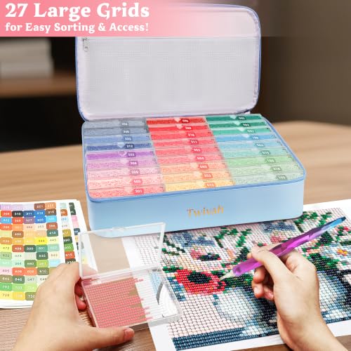 Image of twivah 27 Pcs Diamond Art Storage with Bag, 2-in-1 Diamond Art Trays Container with Lids, Diamond Painting Accessories with Color Stick, Diamond Art Kits for Adults & Kids Christmas, Birthday (Blue)