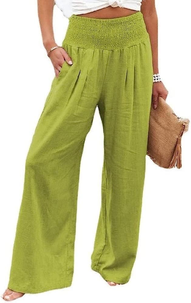 JIELAFIC Linen Pants for Women Wide Leg Elastic High Waisted Palazzo Pants Lounge Yoga Trousers Beach Pants with Pockets (A#Light Green,XL)