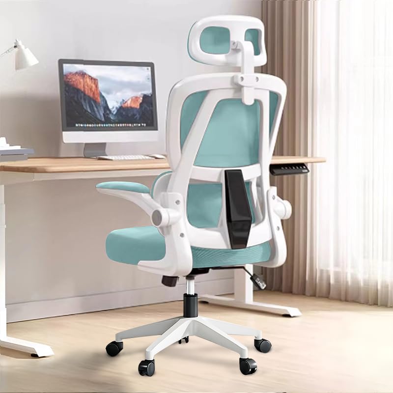 XUEGW Ergonomischer Bürostuhl - Blau | Höhenverstellbarer Schreibtischstuhl mit Hochrücken,Mesh und Lendenstütze,Hochklappbaren Armlehnen | Für Homeoffice,Gaming,Studium