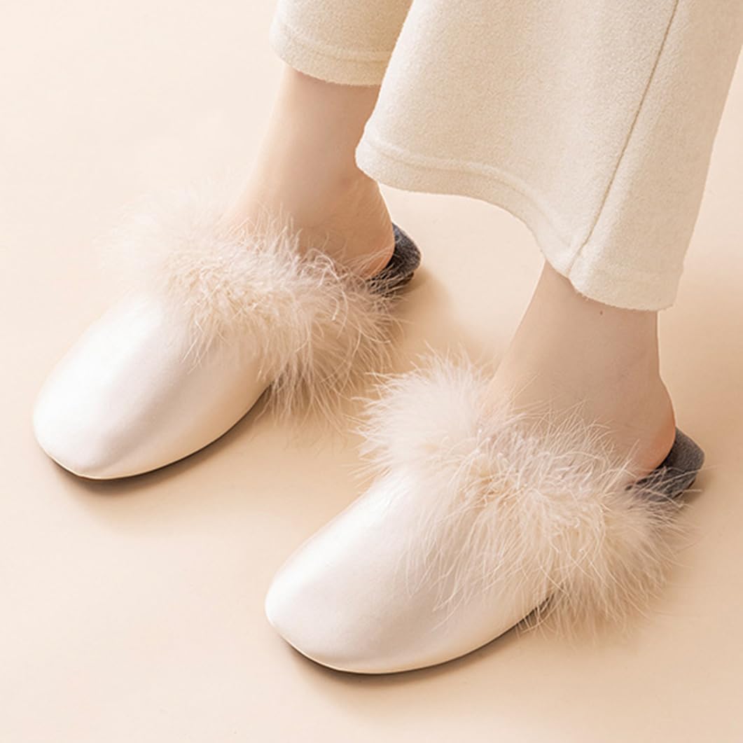 Mujer Hombre Pantuflas De Satén Borde De Plumas Forro Polar Chanclas Elegantes Zapatillas De Casa Sandalias para Interior Y Exterior(38/39 EU, White-Style1)