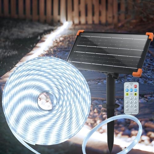 50Ft Solar Strip Lights Outdoor, Waterproof LED Light Strip Auto On/Off, Rechargeable Strip Lights 8 Mode with Remote Timer Acrylic Tape for Deck Patio Pool Pathway Camping Decor (Cool White)