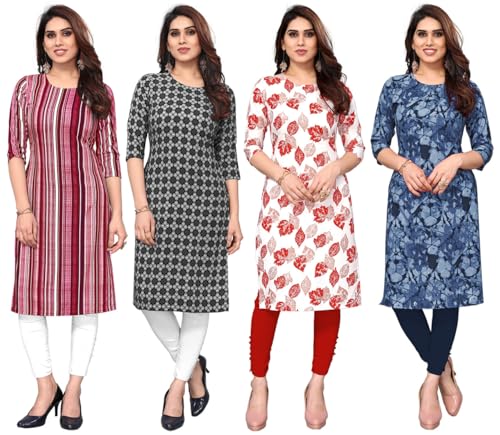 Image of JAKHANA Women's Crepe Printed Casual Straight Calf Length Round Nick Kurta Pack of 4