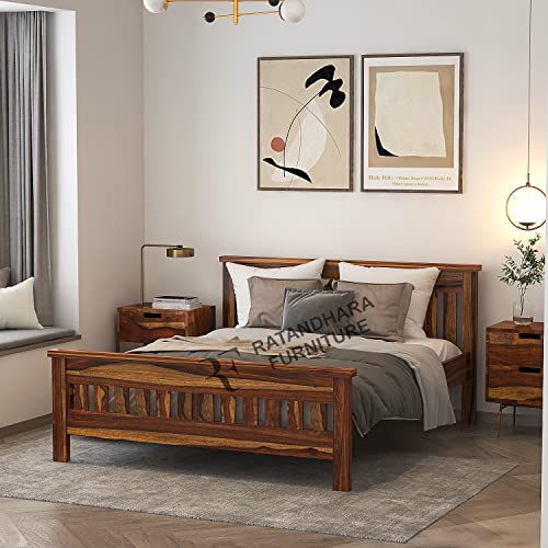 Image of Queen Size Leopard Sheesham Wood Platform Bed Without Storage (Queen Size (6.5 ft x 5 ft), Teak Finish)