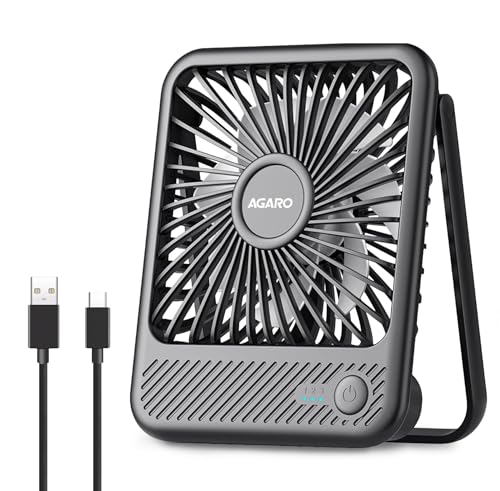 Image of AGARO Primo Rechargeable Portable Desk Fan, Mini Fan with USB Type-C, 3 Speeds, Foldable Adjustable Stand, Long-Lasting Battery, Quiet Personal Cooling for Home, Office & Travel