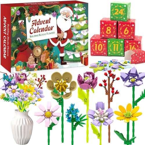 QUOIBLO Blumen Adventskalender 2026 für Frauen – 24 Tage Bauset | 24 Blumen-Bausätze mit 4,9 mm ABS-Bausteinen, kompatibel mit Marken Kreatives Geschenk mit Anleitung für Erwachsen