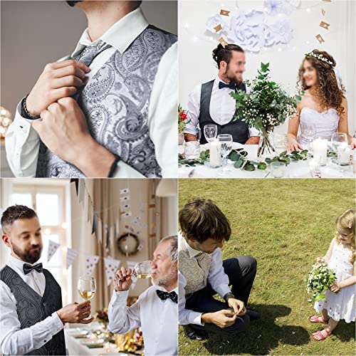 Image of DiBanGu Mens Paisley Suit Waistcoat,Silk Dress Vest and Bowtie Pocket Square Cufflinks with Lapel Pin Set for Wedding Tuxedo, Purple, Small