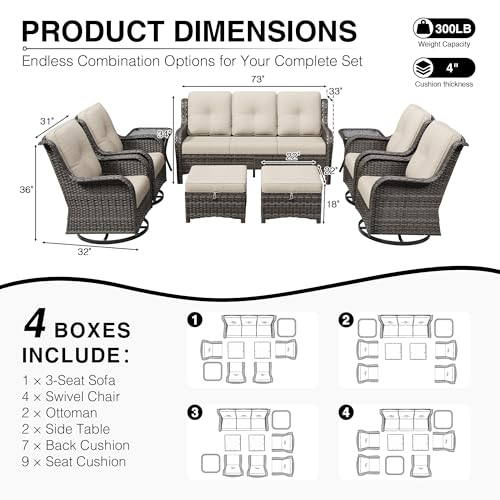 Image of Joyside 9 Piece Wicker Patio Furniture Set, Outdoor Swivel Rocker Patio Chairs with High Back, Deep Seating, Wide Armrest, Thickened Cushions, Outdoor Furniture for Deck, Porch Use