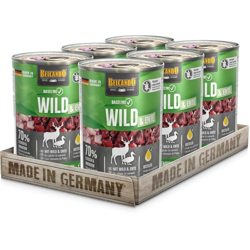 BELCANDO Baseline Nassfutter für Hunde, Wild & Ente, 6X 400g Dose, 70% Fleisch für ausgewachsene Hunde, Hundefutter nass ohne Getreide, Made in Germany
