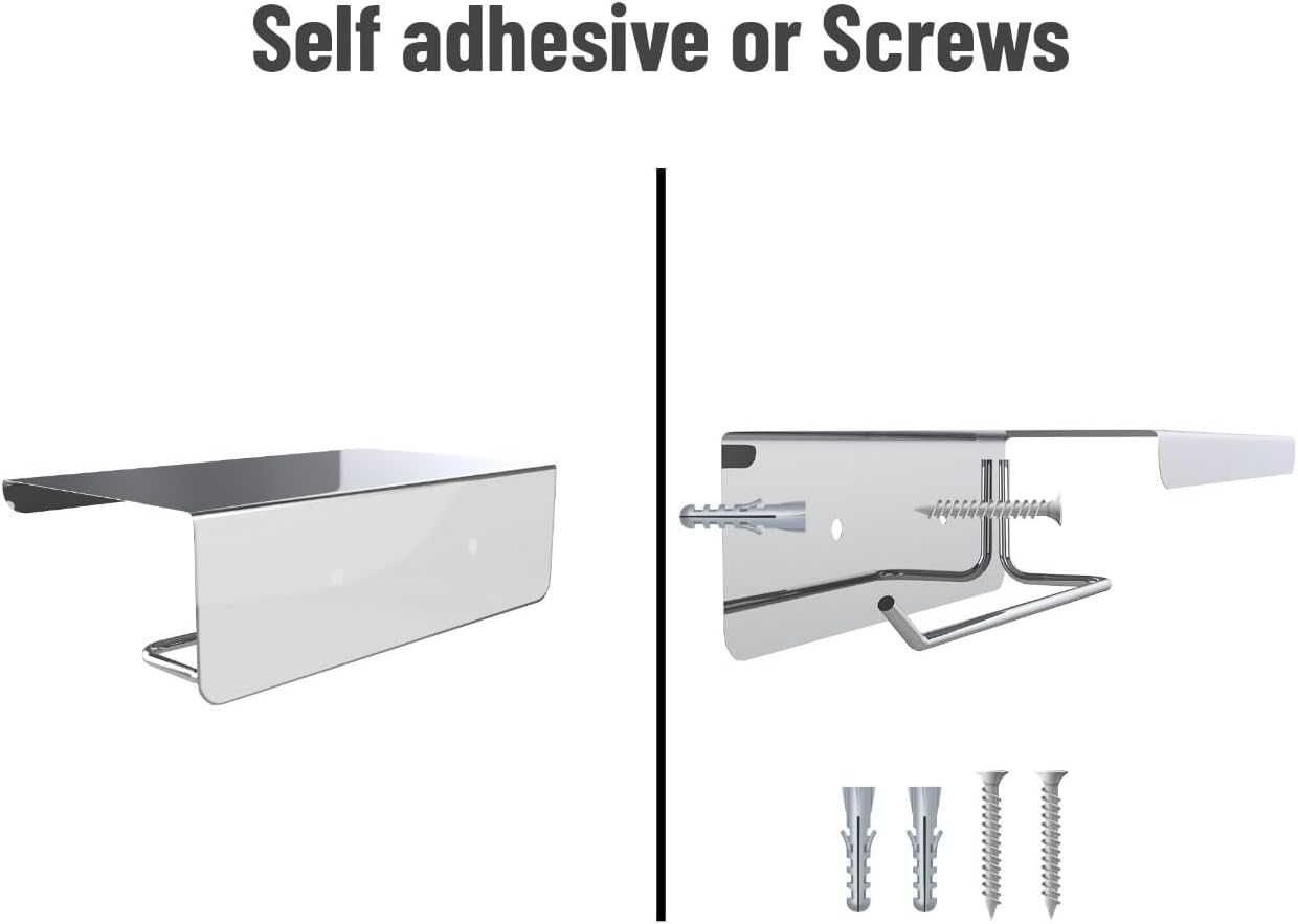 Self Adhesive and Wall Mount Black Stainless Steel Toilet Paper Holder with Mobile Stand, Tissue Paper Holder with Shelf, Toilet Paper Roll Holder for Bathroom, Bathroom Accessories with