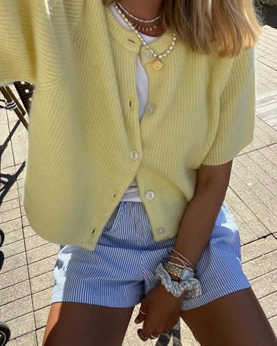 Cioatin Women Yellow Short Sleeve Button Down Crop Cardigan Sweater Y2K Oversized Aesthetic Knit Shirt Tops Preppy Girls3