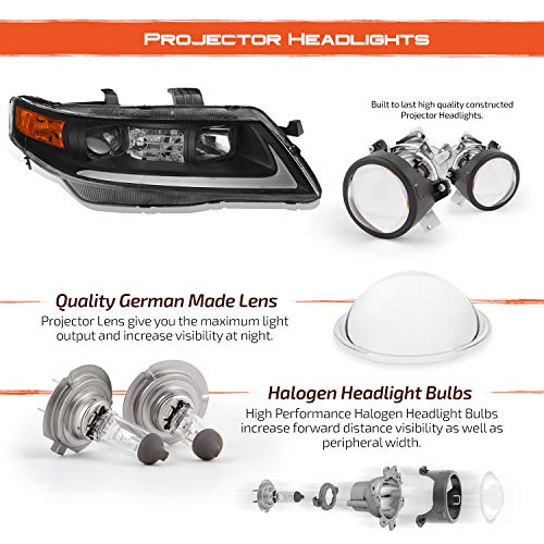 Akkon - Fits 2004-2008 Acura Tsx Cl9 Led Tube Projector Front Black Headlights Headlamps Pair Replacement #TOP6