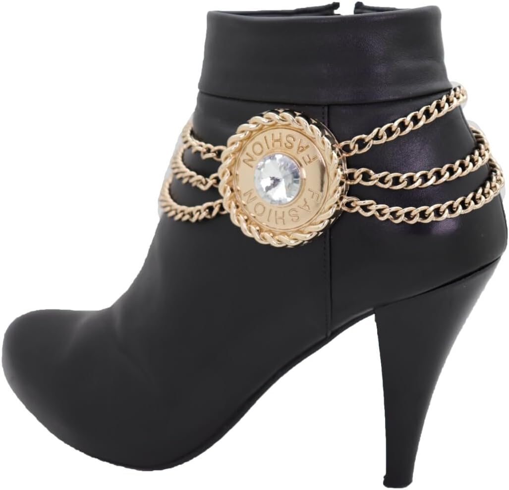 Women’s Gold Chain Boot Anklets Pair, Layered Triple Shoe Bracelets With “Fashion” Medallion Charm And Rhinestone, Trendy Boot Jewelry BC103