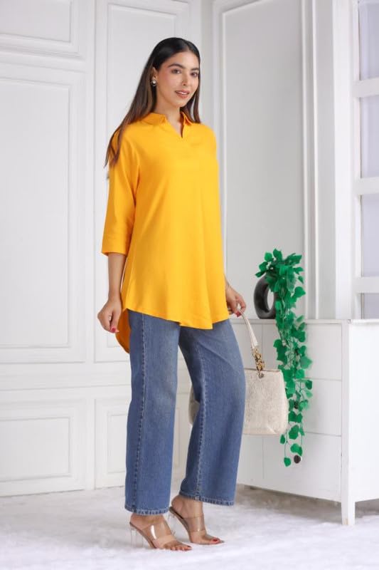 Image of Mlada Rayon Flare Top for Women | 3 /4th Sleeve Regular Fit and Flare Top | Women Office Tops Tunic | Western Long Shirt Top for Women | Shirt Collar Top for Women | Rayon Tunic Tops for Women Western