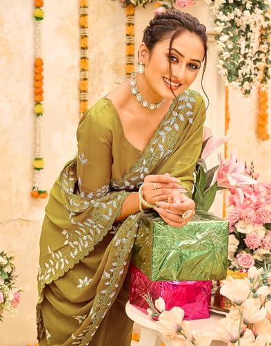 Image of SIRIL Women's Shimmer Georgette Embroidery & Scalloped Border Saree With Unstitched Blouse Piece