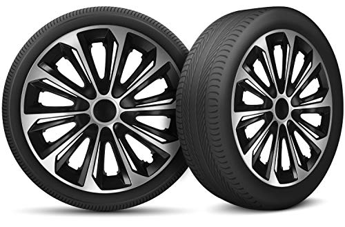 Wieldoppen voor de auto, 4-delige set, geschikt voor alle stalen velgen, instelbare borgring, 16 inch, zwart/zilver