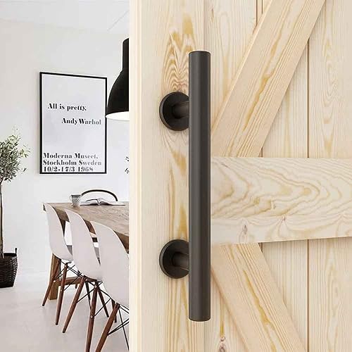 Miniatura 6 de CCJH Manijas y tiradores de puerta corrediza de granero de 10 pulgadas, juego de herrajes de doble cara, diseño de placa inferior plana, negro