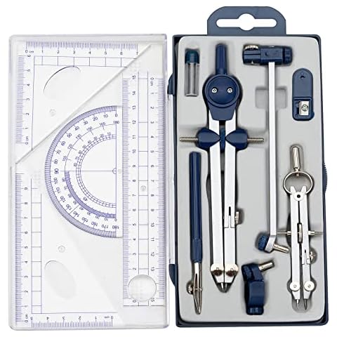 Metal Geometry Kit Set Math Compass and Protractors Geometry Drawing Tool Precision Set Circle Triangle Ruler Protractor with Storage Case for Kids Architects Engineers Students Cover