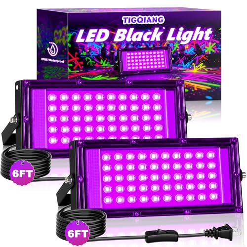 Image of TigQiang 50W 2 Pack LED Black Light IP66 Waterproof,Outdoor Blacklight Flood Light with Plug Switch Cord, for Halloween, Neon Glow in The Dark Party, Body Paint, Fluorescent Poster, Classroom Party