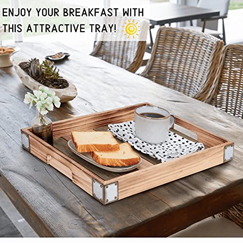 Wood Rustic Decorative Serving Tray with Rustic Metal Corner, Farmhouse Decorative Coffee Table Tray, Rectangular Ottoman Tray, Bar Serving Tray for Kitchen/Living Room/Coffee Bar Decor, 17x13 Inches