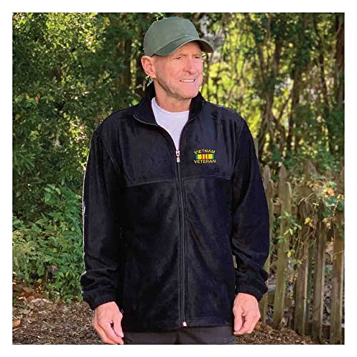 Vietnam Veteran Ribbon Embroidered Fleece Jacket (Black, Large)