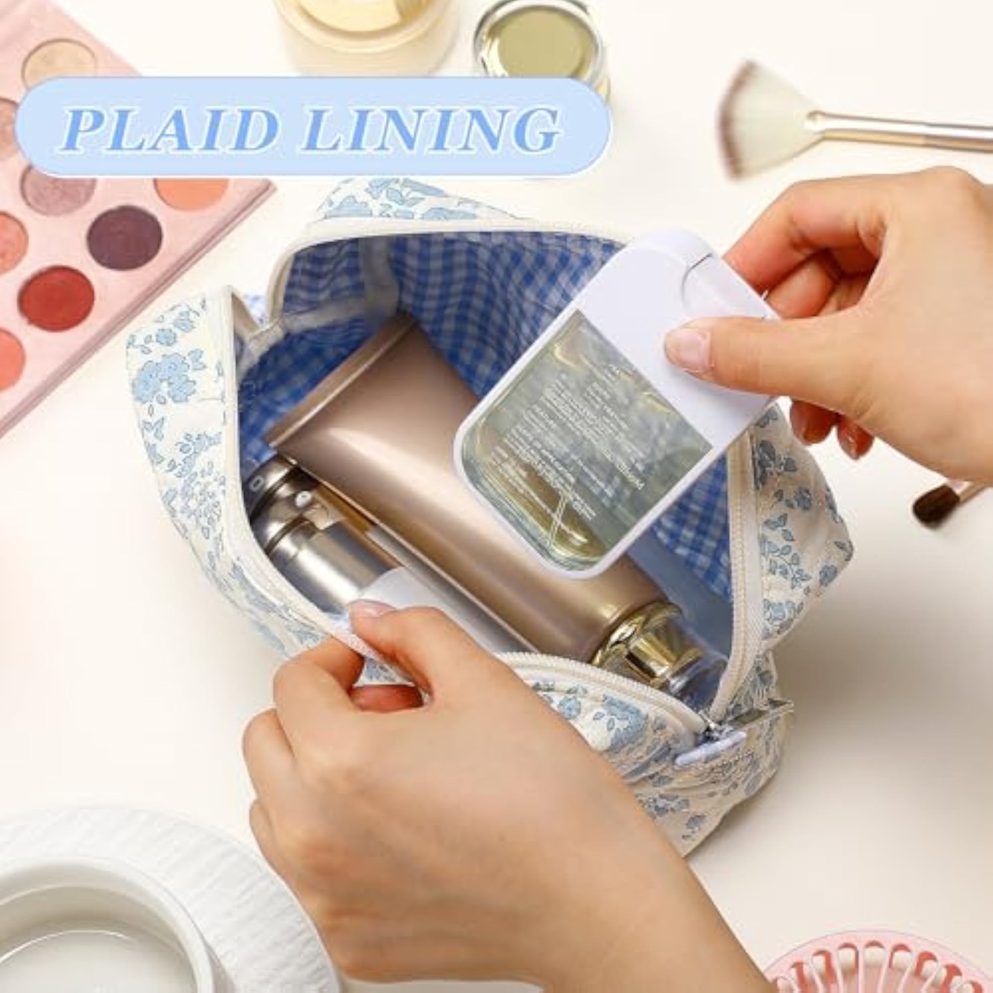 Small Quilted Sky Blue Makeup Bag, Cute Pouch