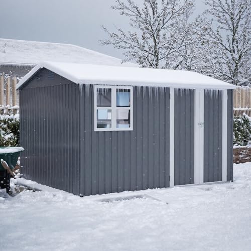 Image of YOPTO 10X8 FT Outdoor Storage Shed,Metal Shed W /Window,Floor Frame & Lockable Swing Door,Garden Tool House W / 4 Air Vents & Sloped Roof,for Backyard Patio Lawn,Gray